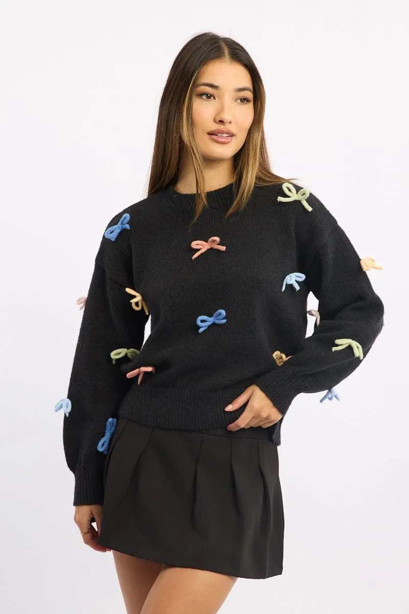 Black Knit Top Long Sleeve Bow Trim sold by Ally Fashion