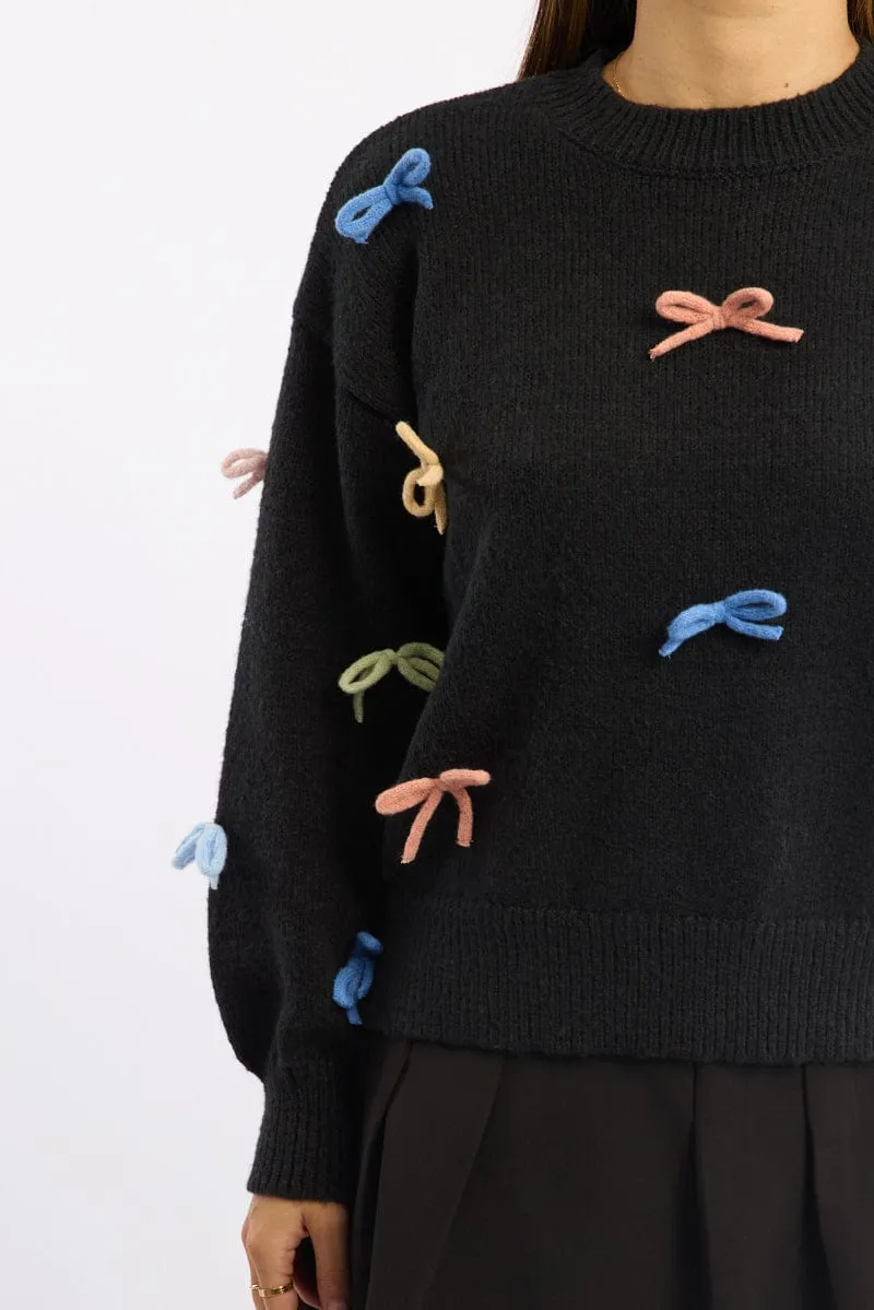 Black Knit Top Long Sleeve Bow Trim sold by Ally Fashion product image thumbnail 5