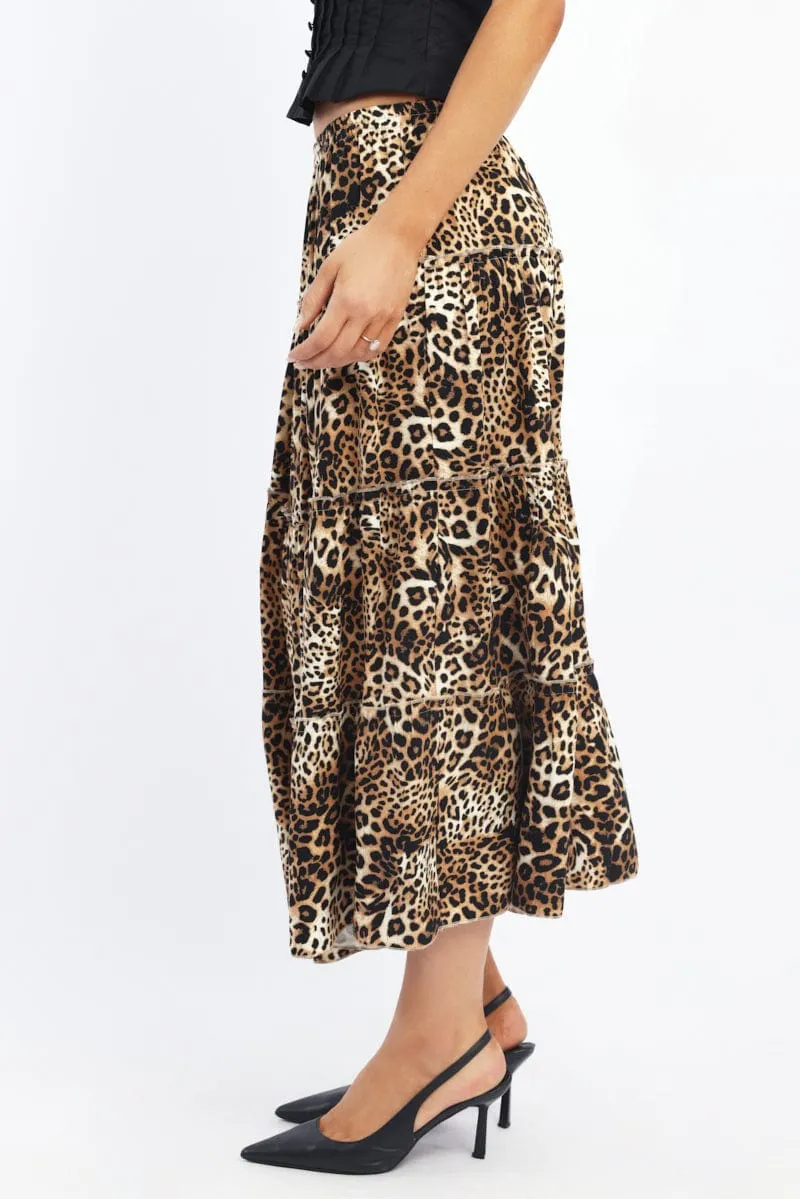 Brown Animal Print Maxi Skirt Tiered High Rise Rayon Lined sold by Ally Fashion product image thumbnail 3