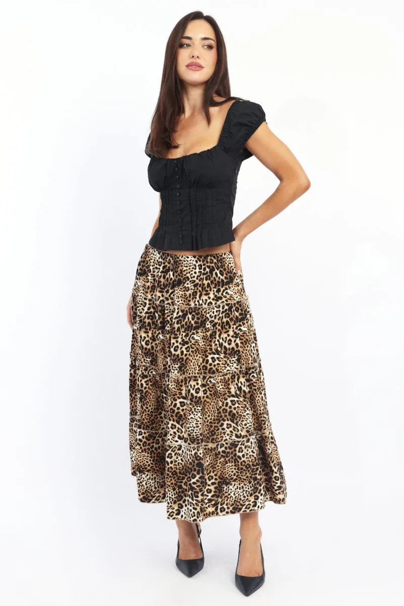 Brown Animal Print Maxi Skirt Tiered High Rise Rayon Lined sold by Ally Fashion