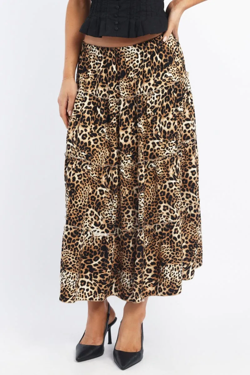 Brown Animal Print Maxi Skirt Tiered High Rise Rayon Lined sold by Ally Fashion product image thumbnail 2