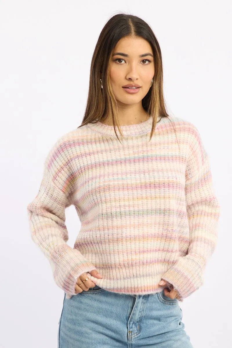 Pink Stripe Knit Jumper Long Sleeve Multi Stripe sold by Ally Fashion