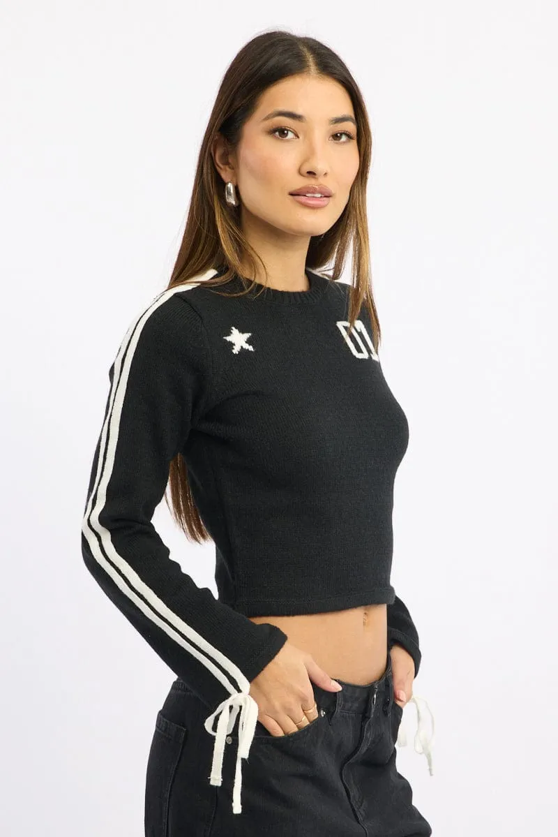 Black Crop Knit Top Long Sleeve Varsity Contrast Trim sold by Ally Fashion product image thumbnail 3