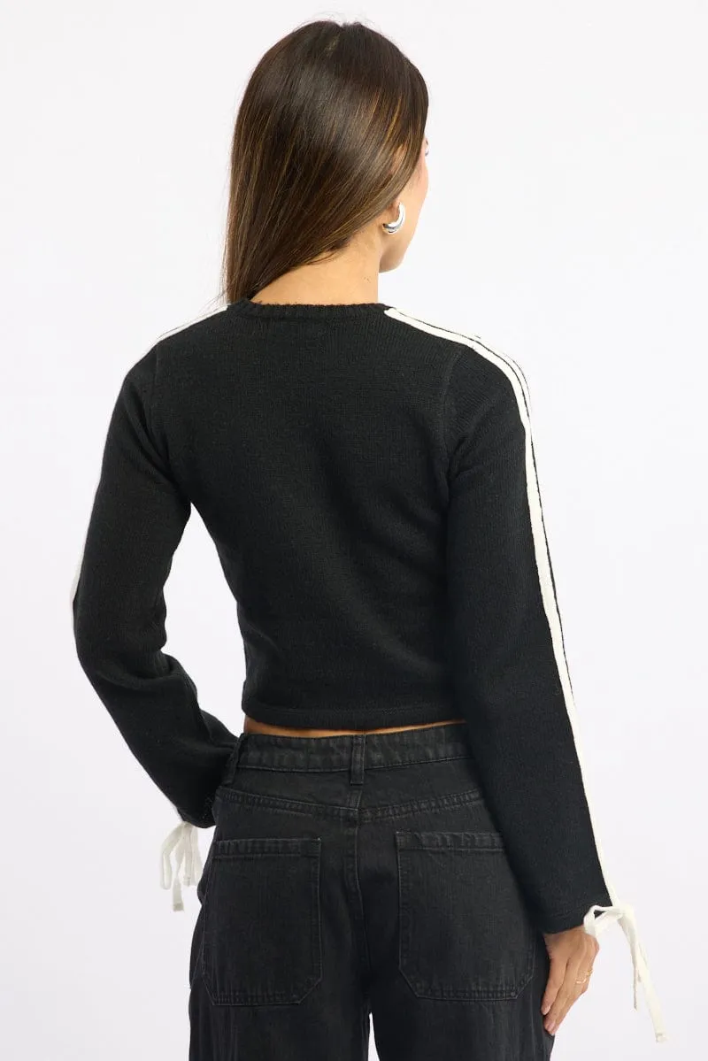 Black Crop Knit Top Long Sleeve Varsity Contrast Trim sold by Ally Fashion product image thumbnail 4