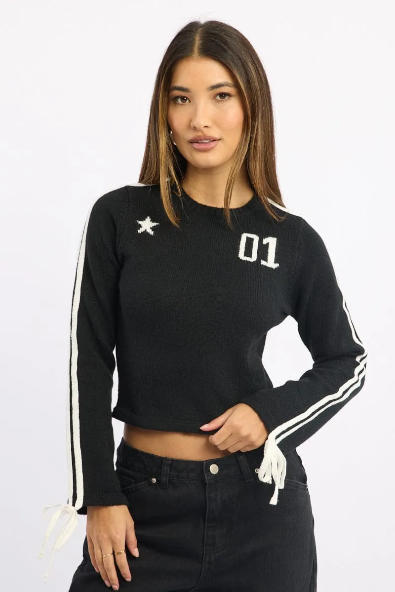 Black Crop Knit Top Long Sleeve Varsity Contrast Trim sold by Ally Fashion