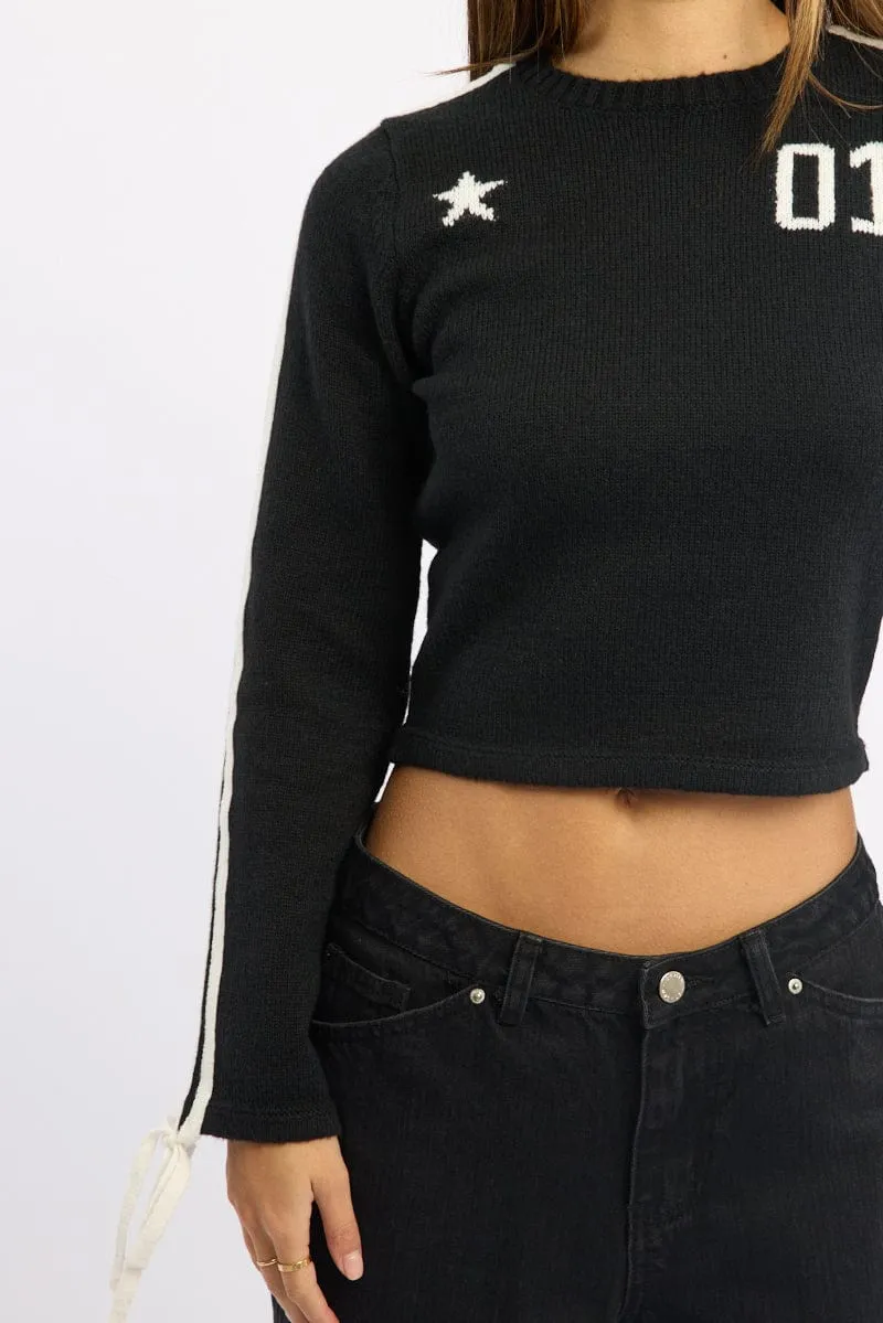Black Crop Knit Top Long Sleeve Varsity Contrast Trim sold by Ally Fashion product image thumbnail 5