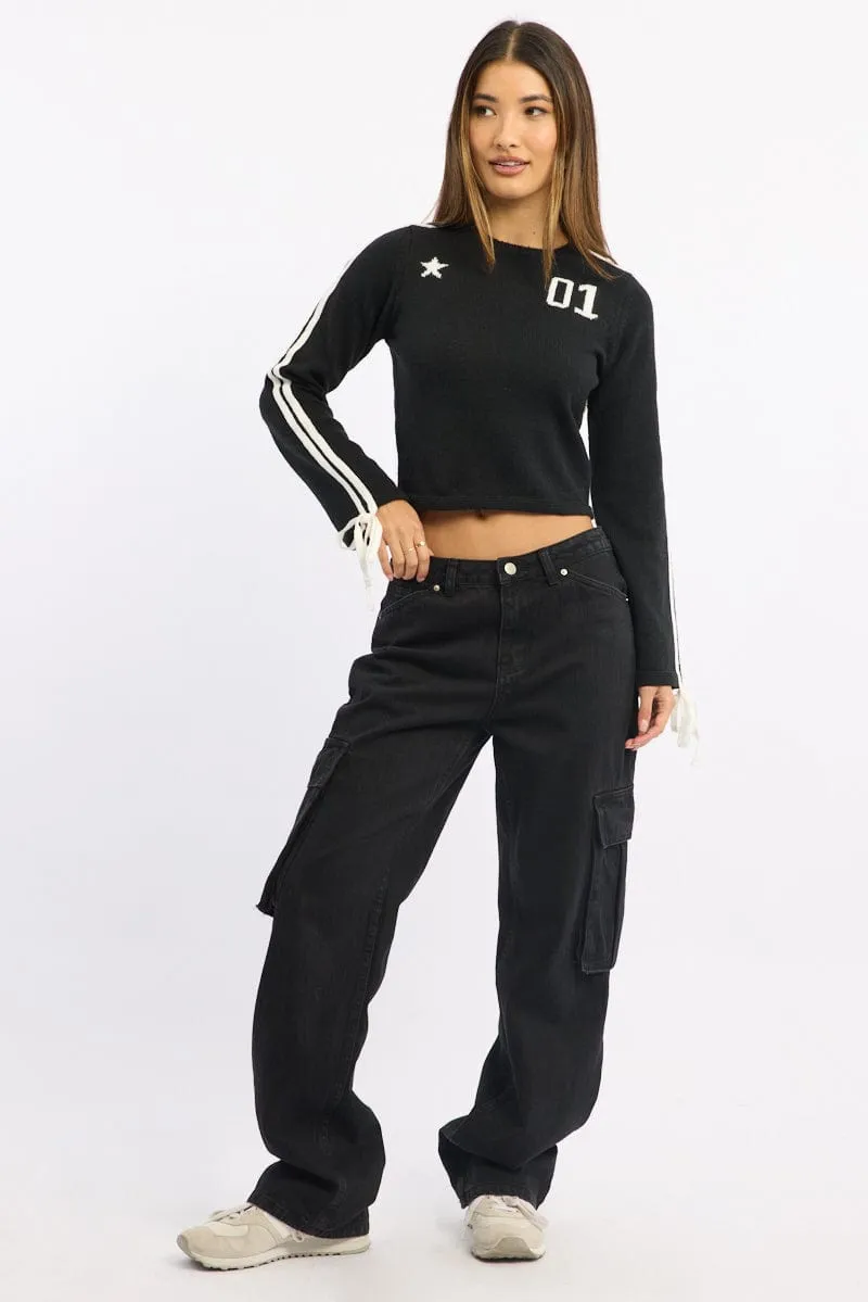 Black Crop Knit Top Long Sleeve Varsity Contrast Trim sold by Ally Fashion product image thumbnail 2
