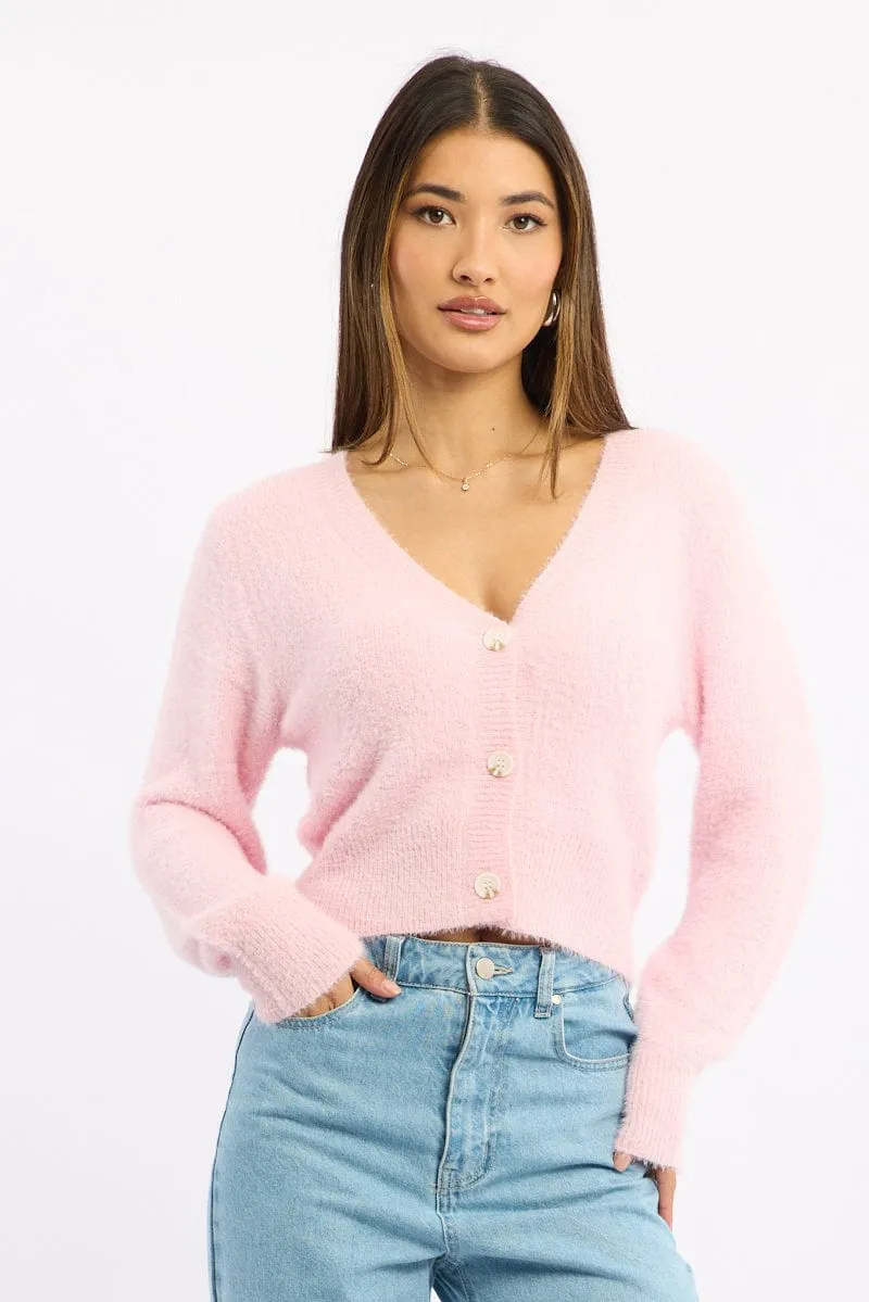 Pink Fluffy Knit Cardigan sold by Ally Fashion