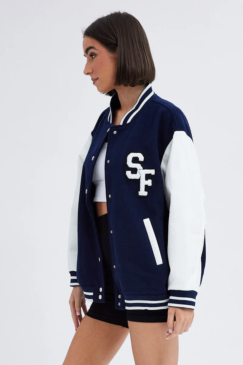 Blue Varsity Jacket Long Sleeves Embroidery Details sold by Ally Fashion product image thumbnail 4