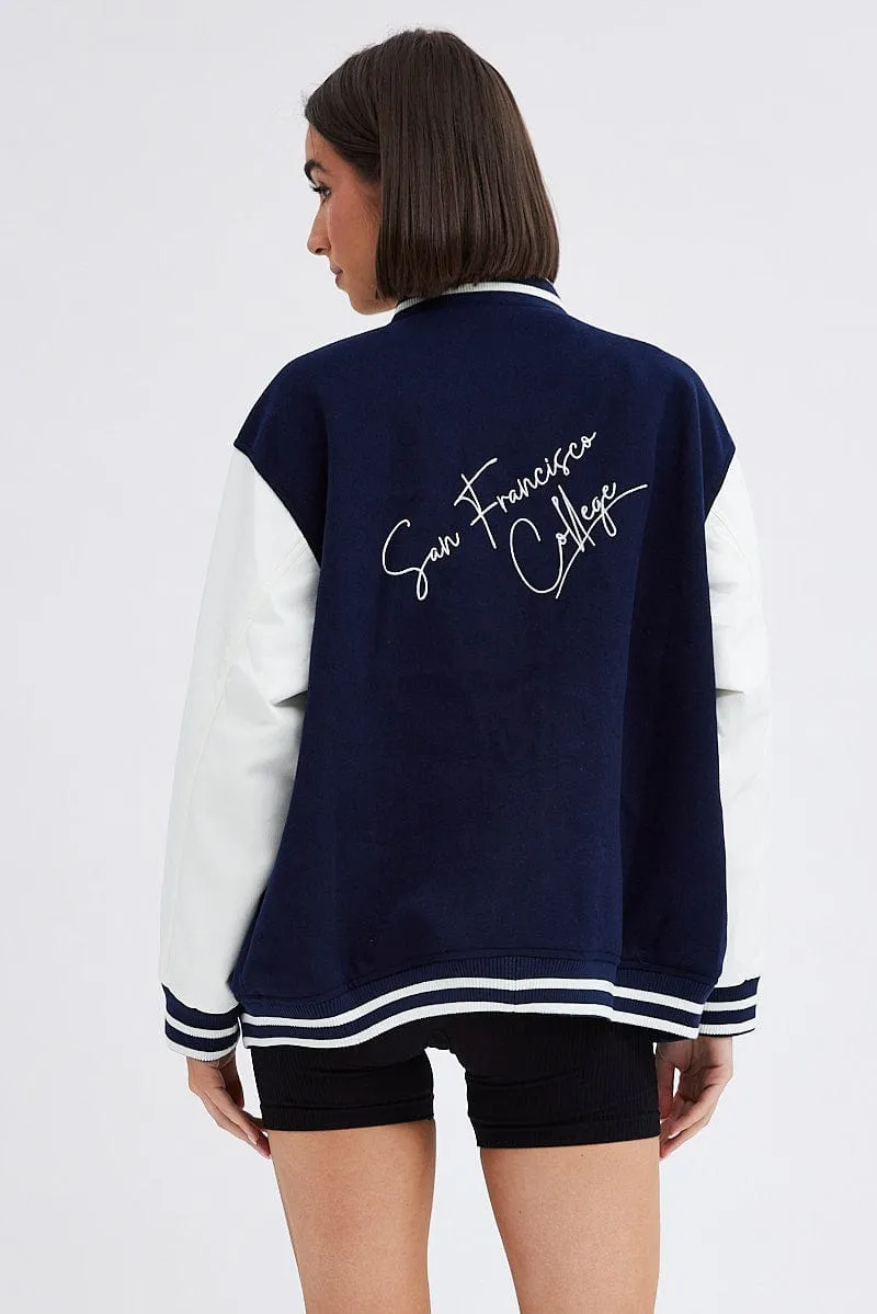 Blue Varsity Jacket Long Sleeves Embroidery Details sold by Ally Fashion product image thumbnail 5