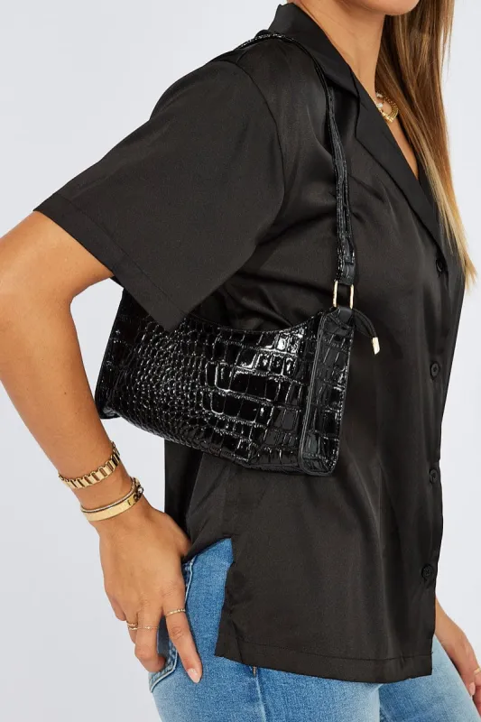 Black Croc Embossed Baguette Bag Shoulder Bag sold by Ally Fashion