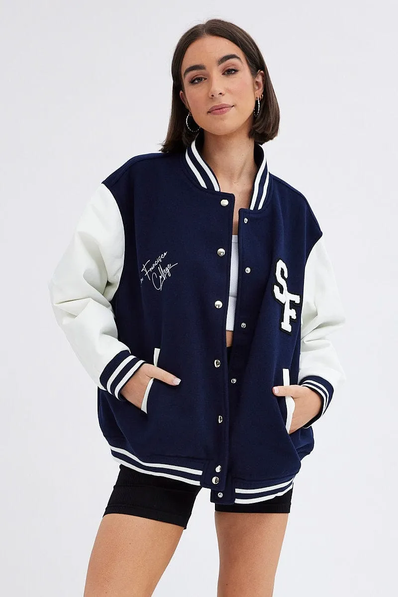 Blue Varsity Jacket Long Sleeves Embroidery Details sold by Ally Fashion product image thumbnail 3