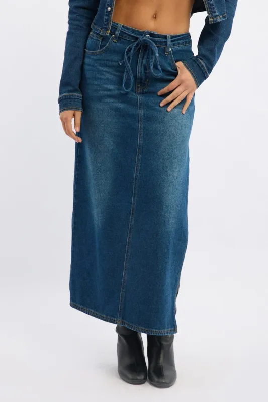 Denim Maxi Skirt Mid Rise Side Split sold by Ally Fashion