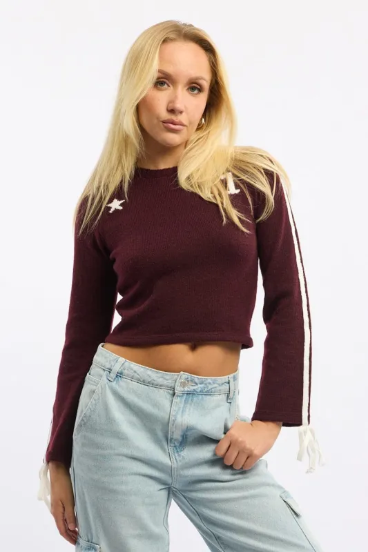 Red Crop Knit Top Long Sleeve Varsity Contrast Trim sold by Ally Fashion