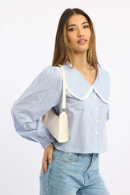Blue Stripe Peter Pan Shirt Long Sleeve Button Up sold by Ally Fashion