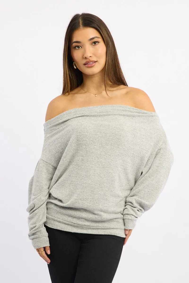 Grey Off Shoulder Top Long Sleeve sold by Ally Fashion