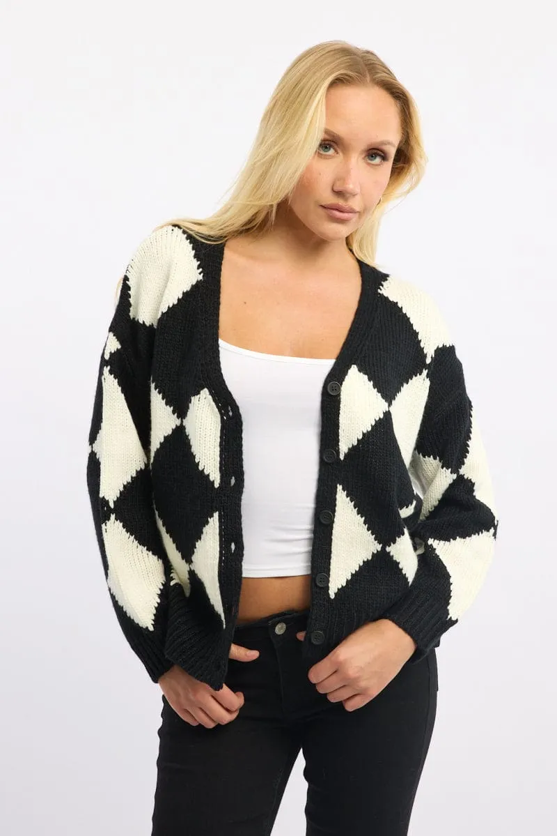 Black Check Knit Cardigan Long Sleeve V-neck sold by Ally Fashion