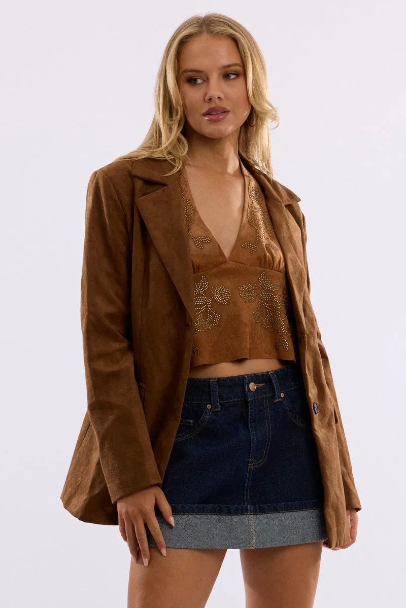 Brown Suede Blazer Jacket sold by Ally Fashion product image thumbnail 2