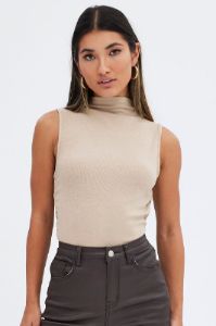 Beige Top Sleeveless Cowl Neck Rib sold by Ally Fashion