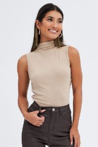 Beige Top Sleeveless Cowl Neck Rib sold by Ally Fashion