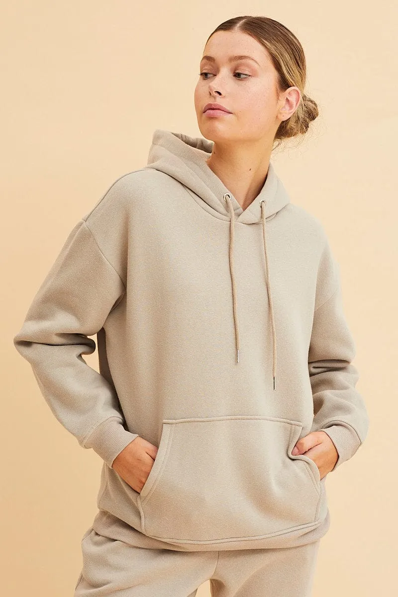 Beige Fleece Hoodie Long Sleeve Cotton sold by Ally Fashion product image thumbnail 3