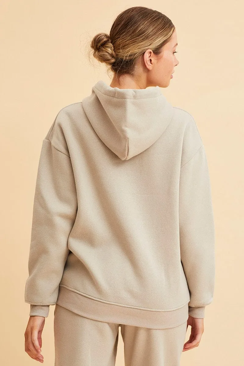Beige Fleece Hoodie Long Sleeve Cotton sold by Ally Fashion product image thumbnail 5