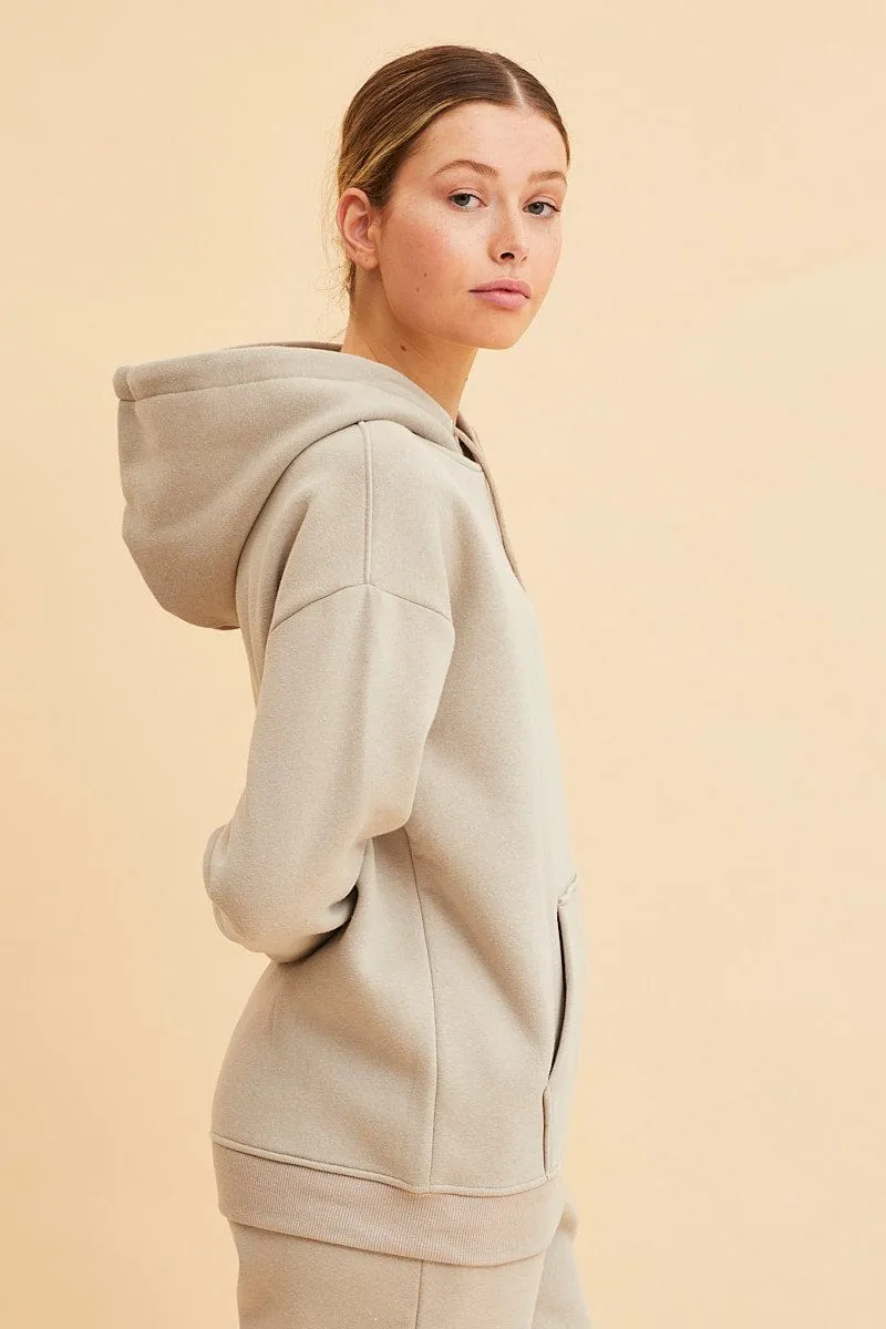 Beige Fleece Hoodie Long Sleeve Cotton sold by Ally Fashion product image thumbnail 4