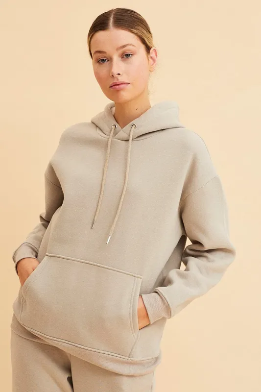 Beige Fleece Hoodie Long Sleeve Cotton sold by Ally Fashion