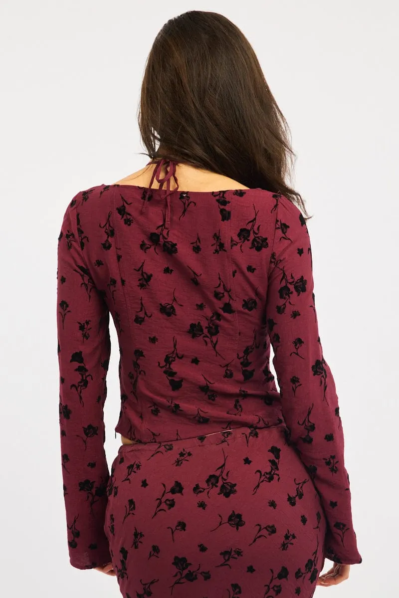 Red Floral Maxi Skirt High Waisted Panelled Detail Burnout sold by Ally Fashion product image thumbnail 4