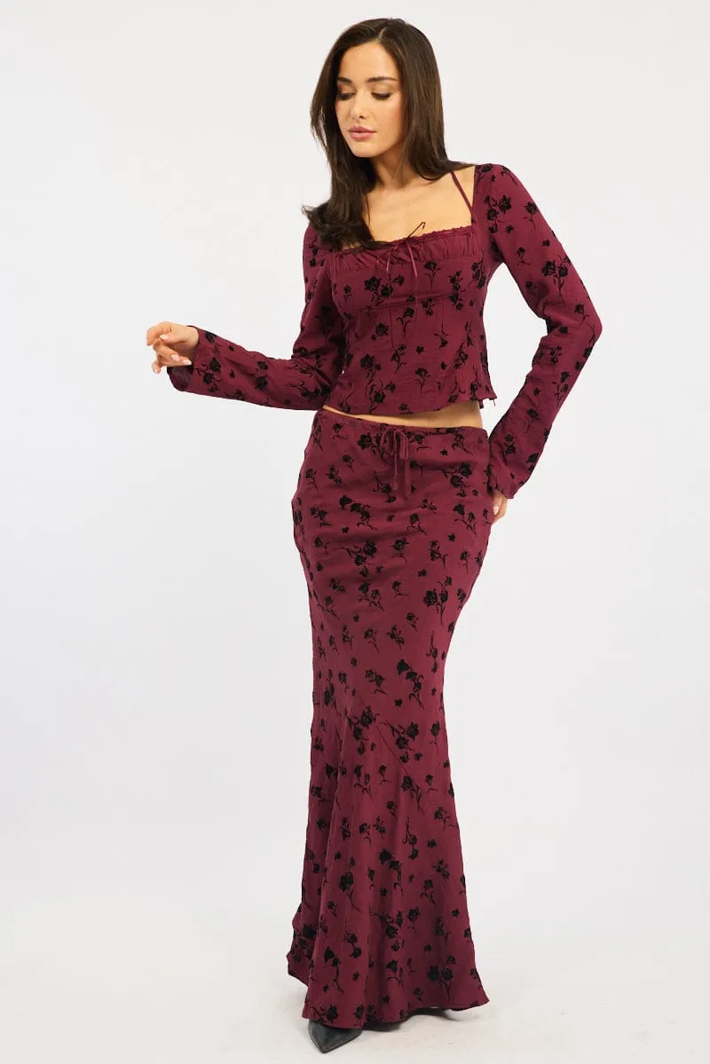 Red Floral Maxi Skirt High Waisted Panelled Detail Burnout sold by Ally Fashion