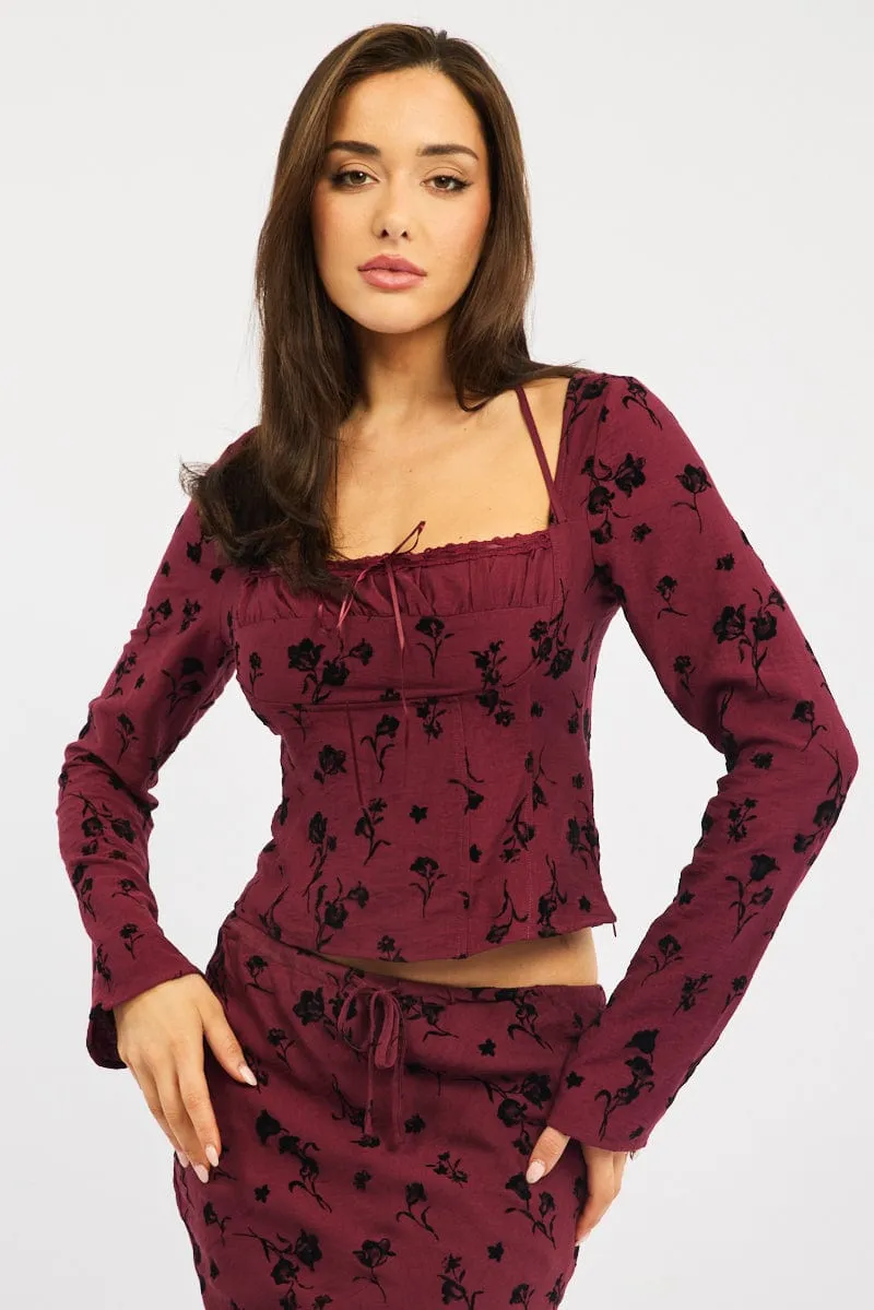 Red Floral Maxi Skirt High Waisted Panelled Detail Burnout sold by Ally Fashion product image thumbnail 2