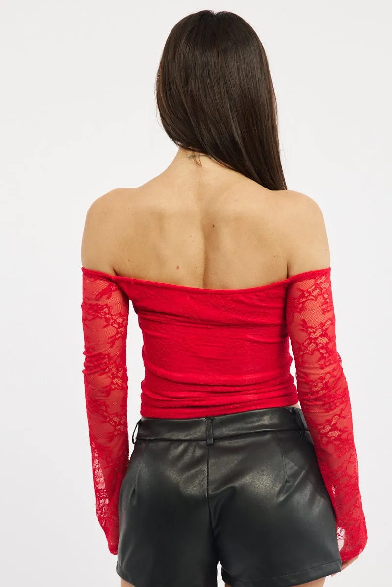 Red Off Shoulder Top Long Sleeve Lace sold by Ally Fashion product image thumbnail 3
