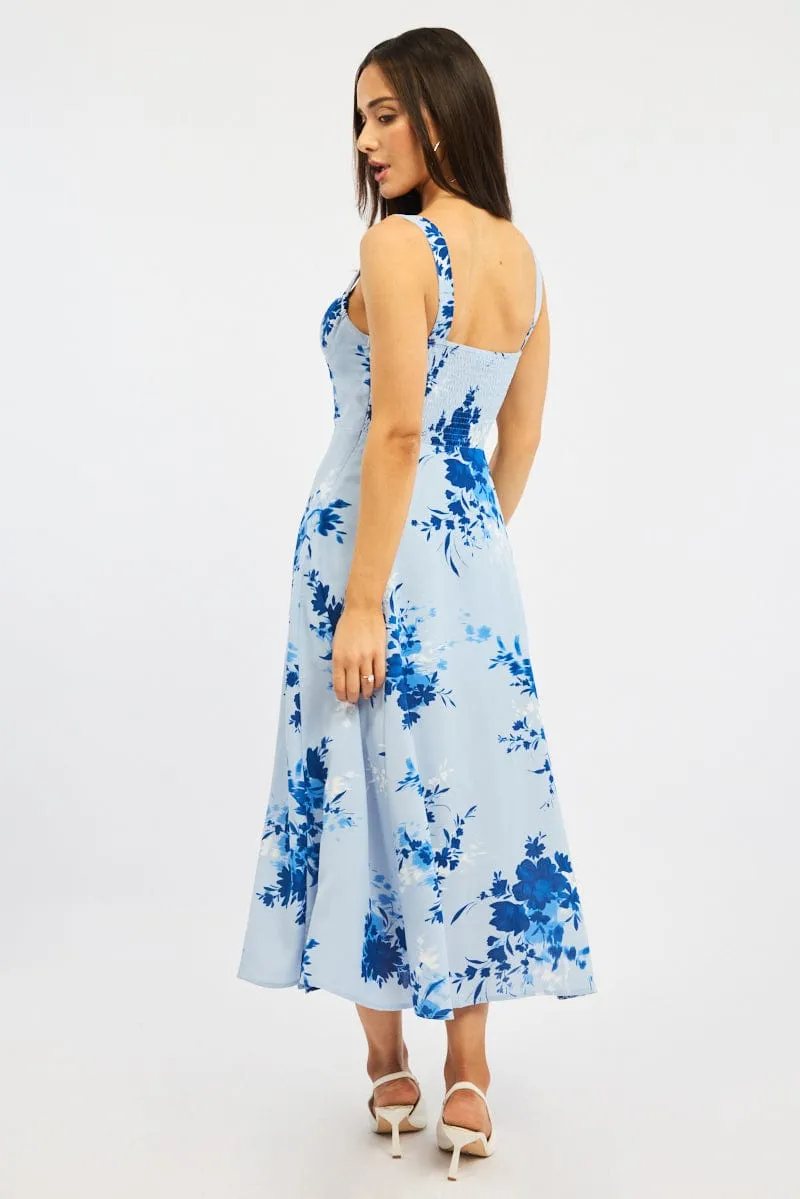 Blue Floral Midi Dress Gathered Bust sold by Ally Fashion product image thumbnail 4