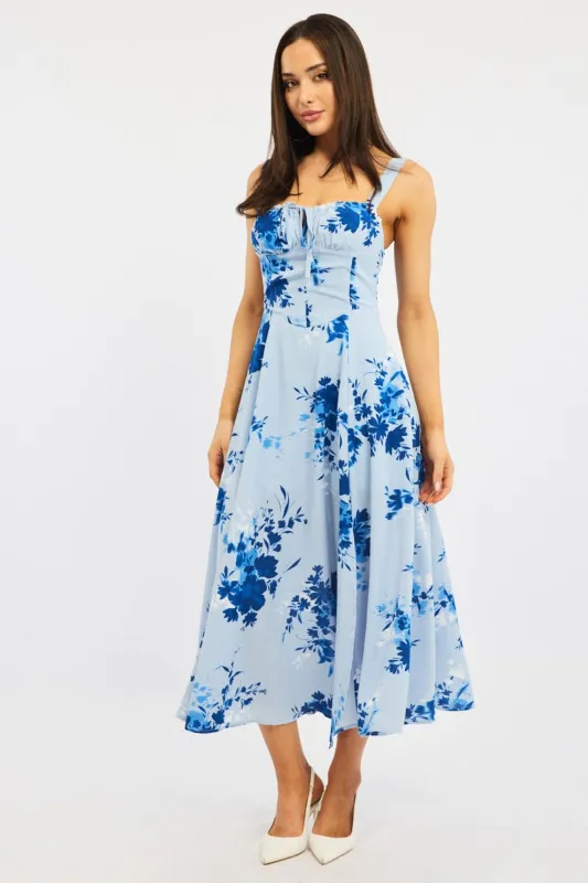 Blue Floral Midi Dress Gathered Bust sold by Ally Fashion