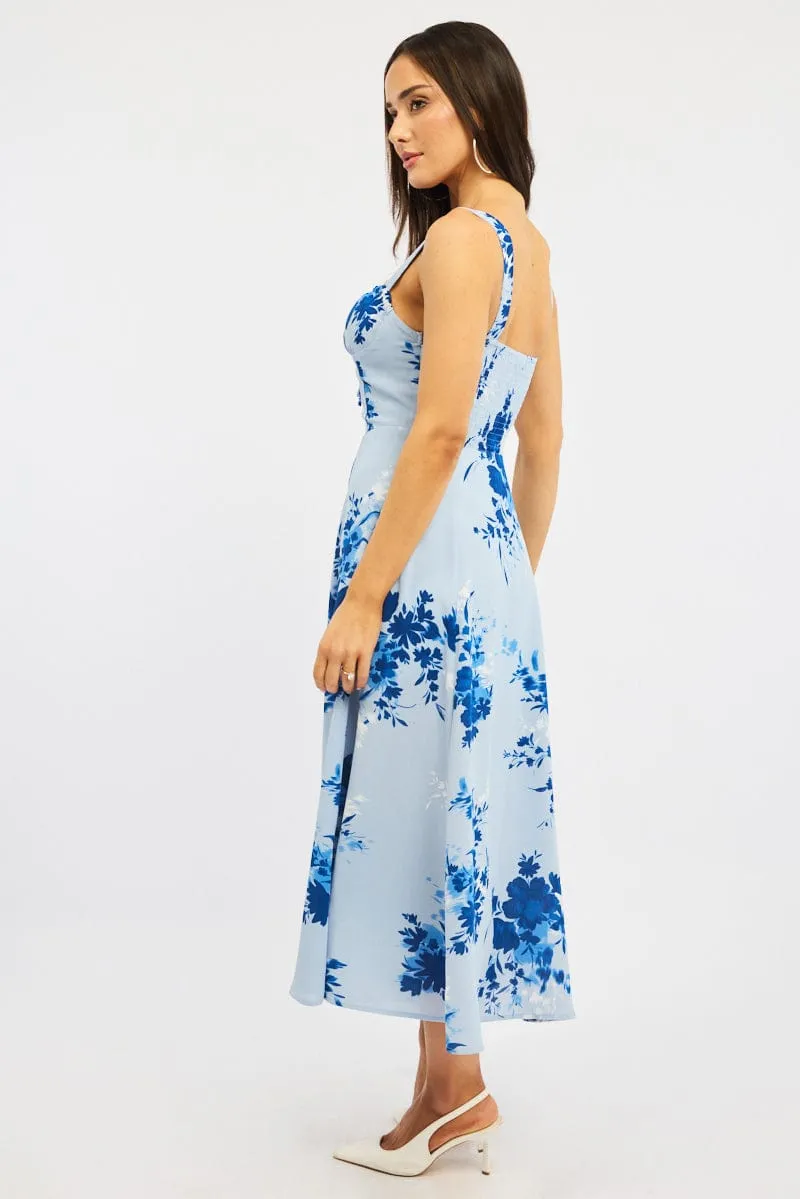 Blue Floral Midi Dress Gathered Bust sold by Ally Fashion product image thumbnail 3