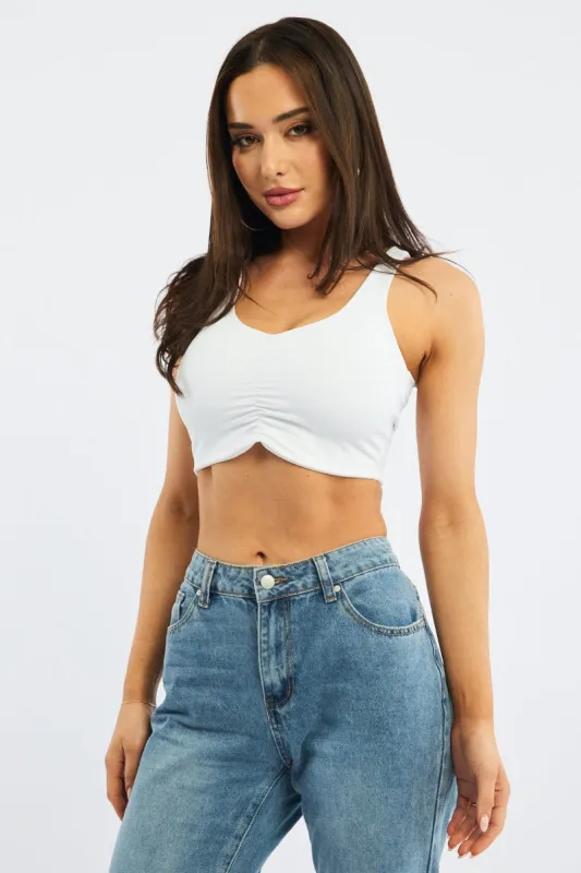 White Bralette Top Sleeveless V-neck Ruched sold by Ally Fashion