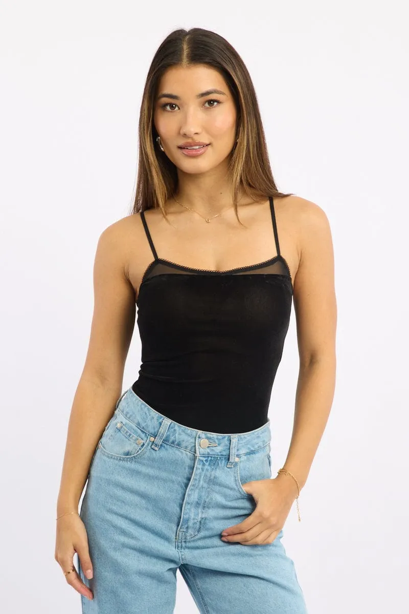 Black Singlet Bodysuit Velvet sold by Ally Fashion