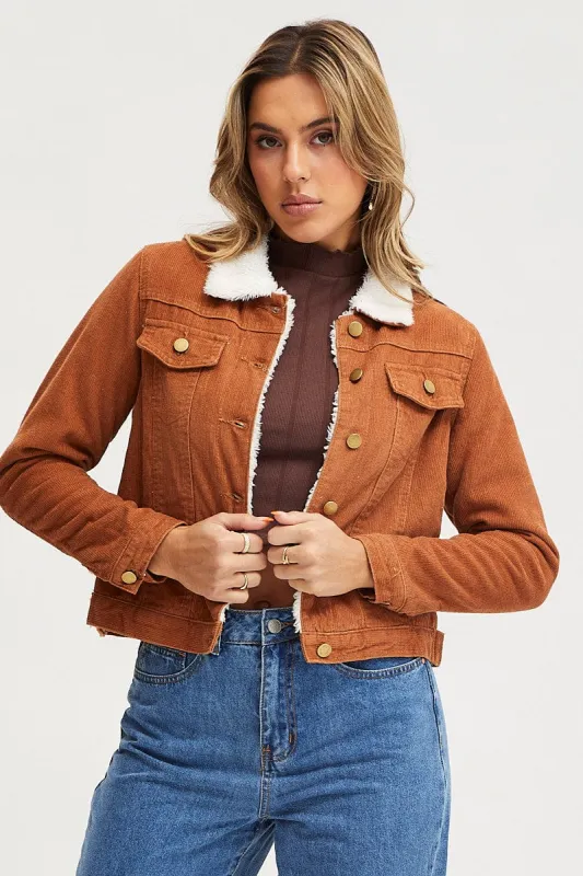 Beige Corduroy Jacket Long Sleeve sold by Ally Fashion