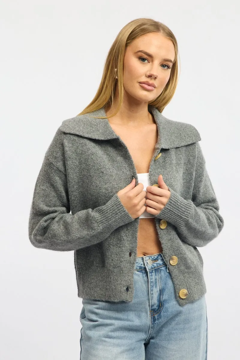 Grey Collar Knit Cardigan sold by Ally Fashion