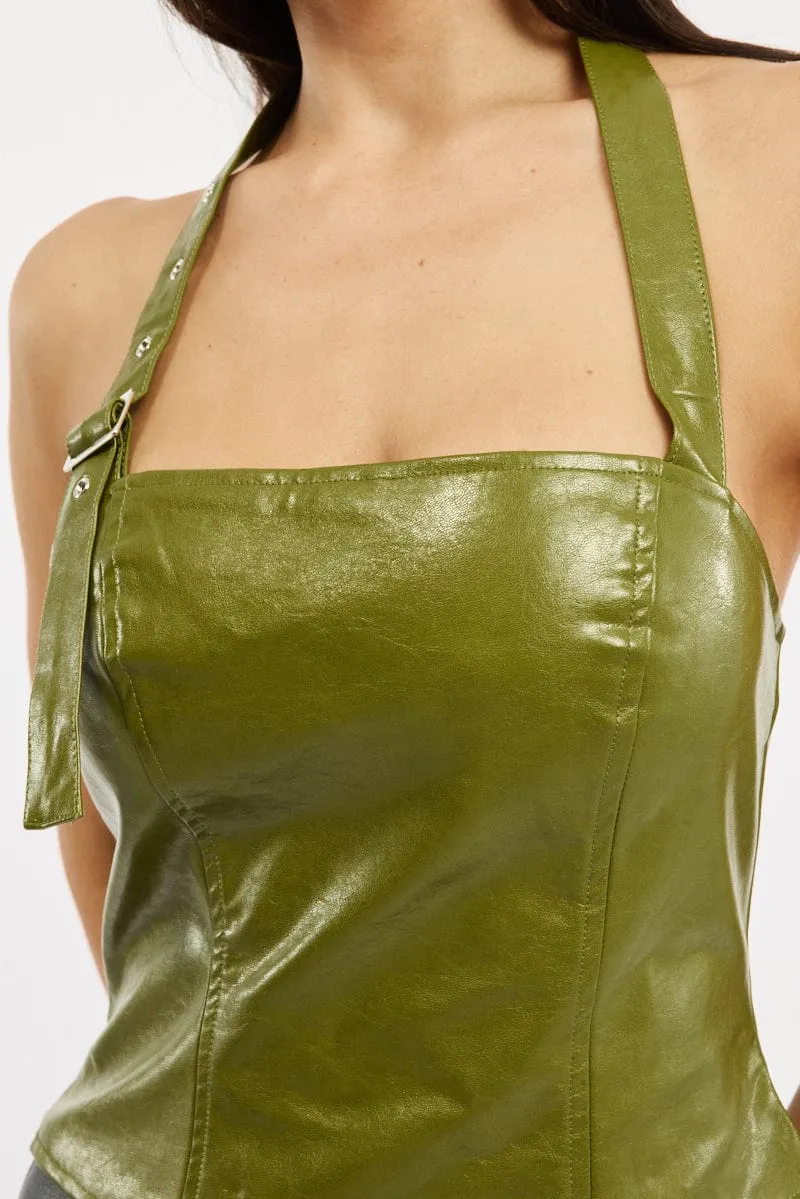 Green Pu Top Halter Neck Belt Detail Faux Leather sold by Ally Fashion product image thumbnail 5