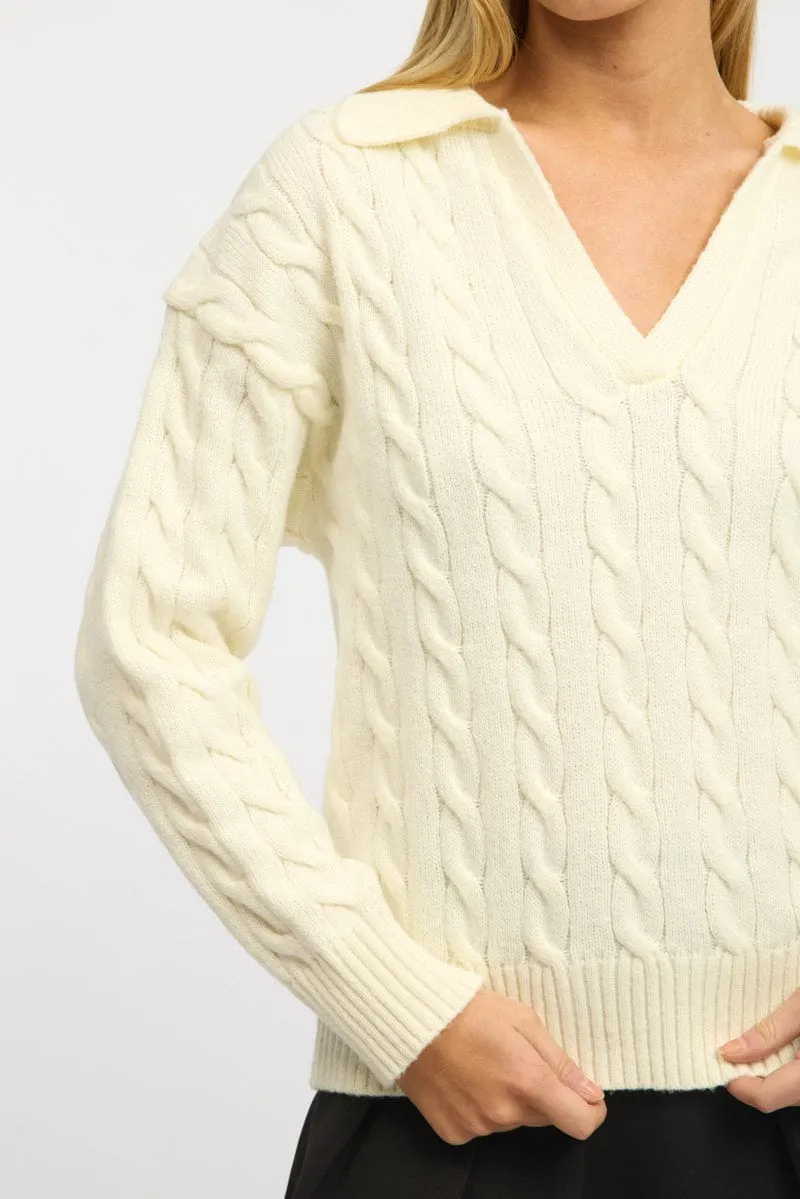 White Cable Knit Jumper V-neck sold by Ally Fashion product image thumbnail 5