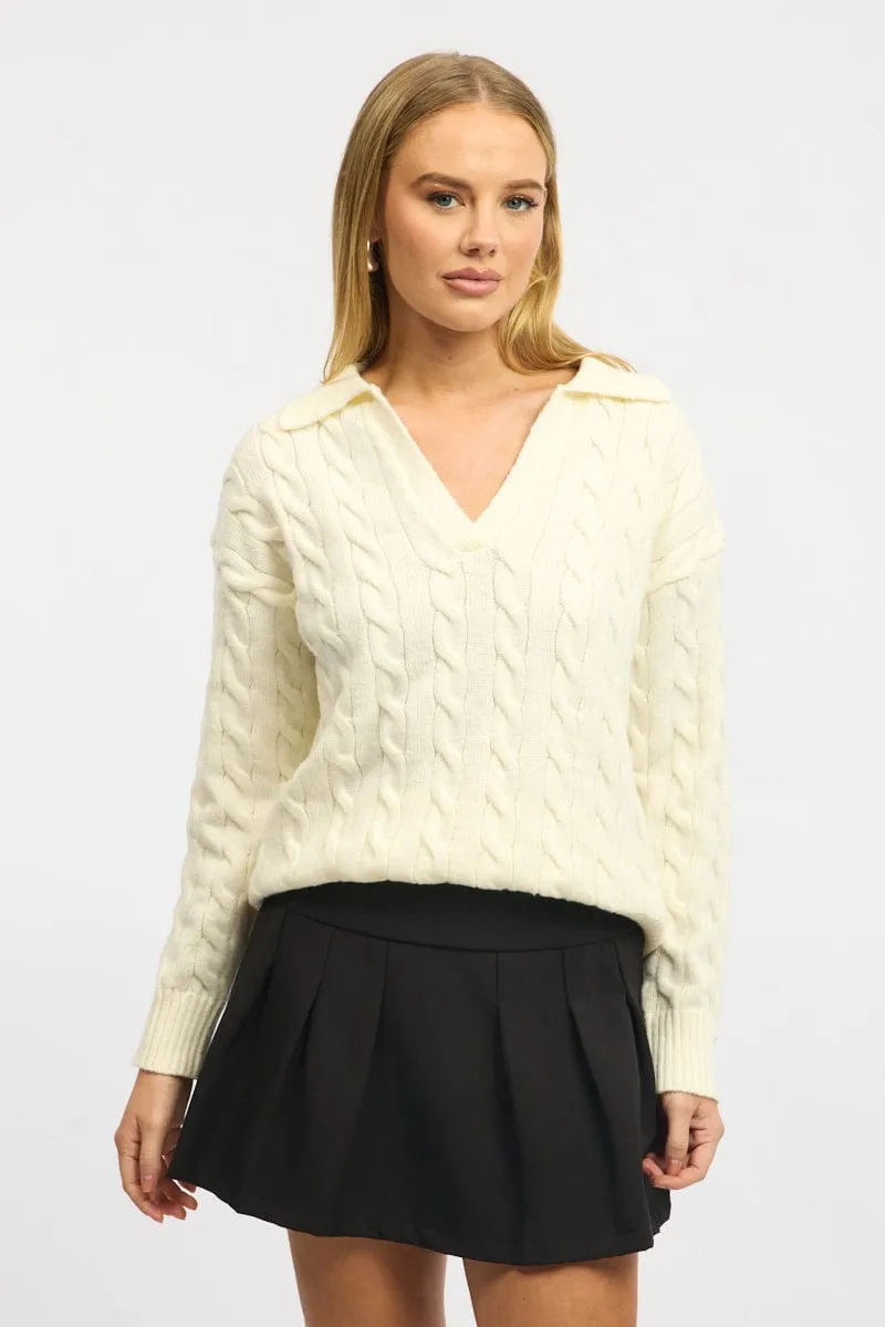 White Cable Knit Jumper V-neck sold by Ally Fashion