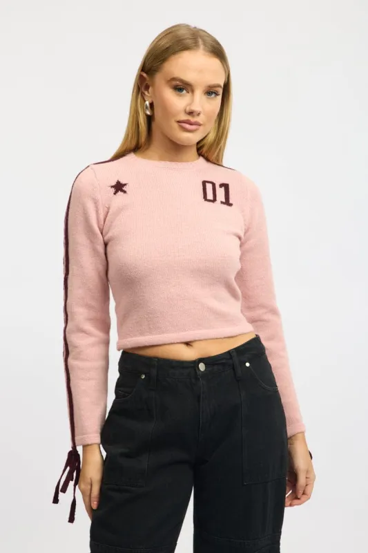 Pink Crop Knit Top Long Sleeve Varsity Contrast Trim sold by Ally Fashion