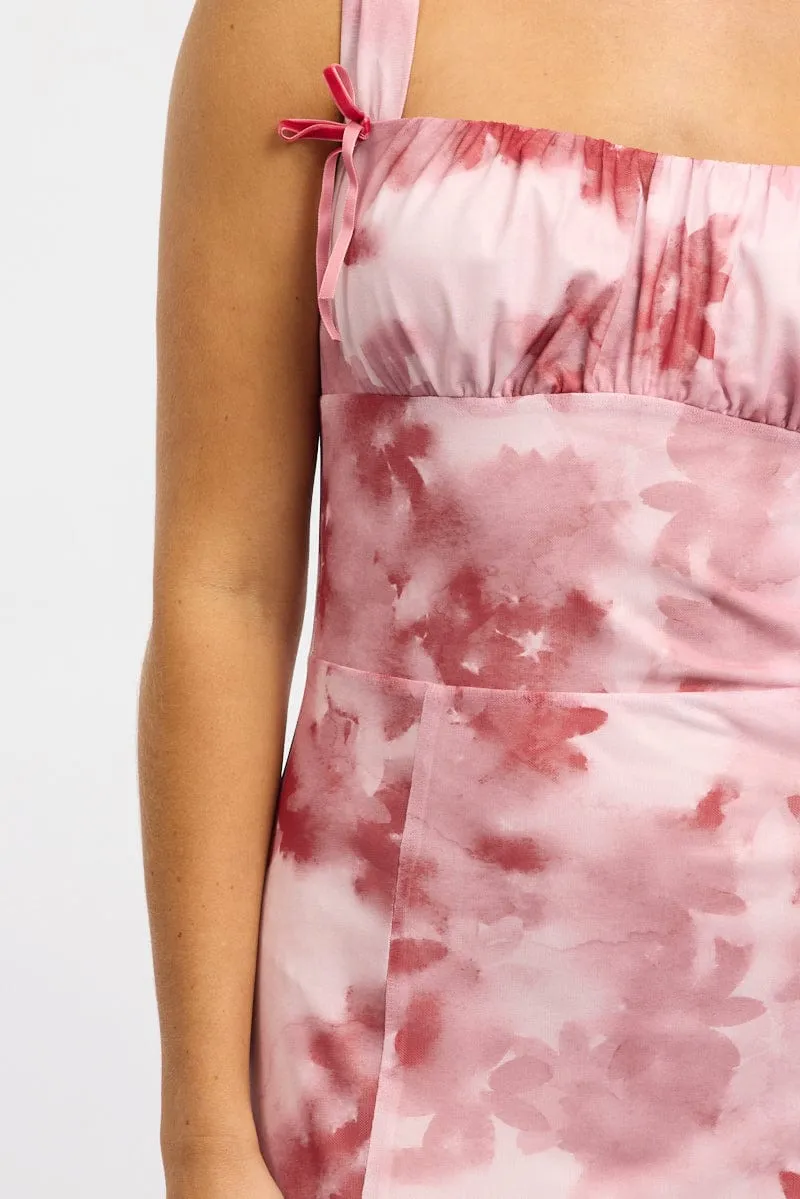 Pink Floral Midi Dress Gathered Bust Mesh sold by Ally Fashion product image thumbnail 5