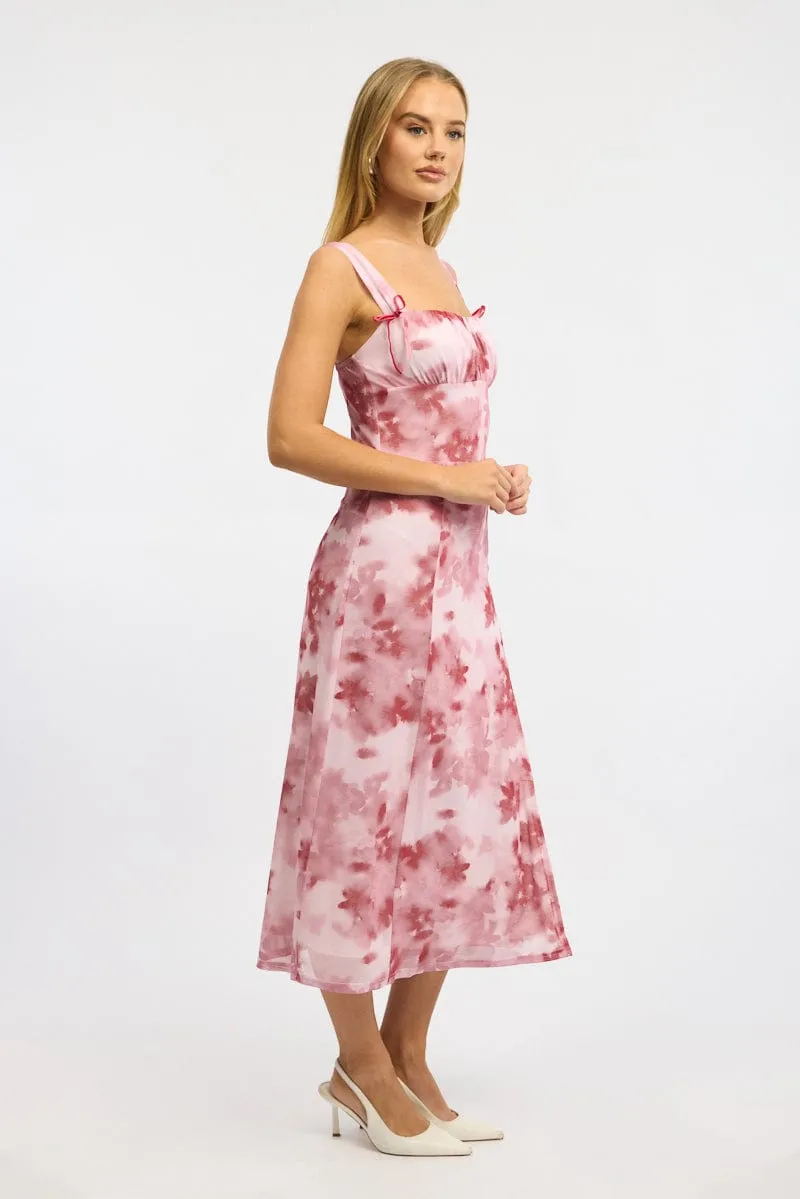 Pink Floral Midi Dress Gathered Bust Mesh sold by Ally Fashion product image thumbnail 3