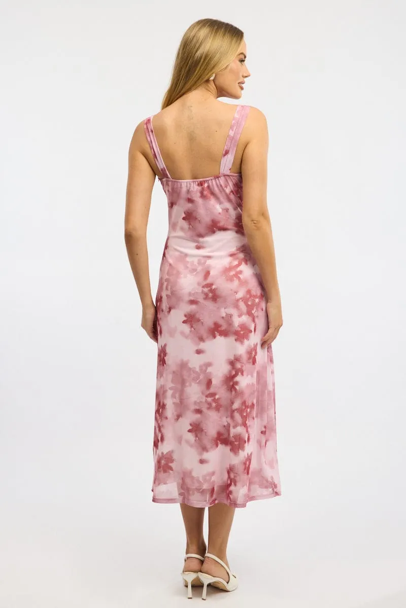 Pink Floral Midi Dress Gathered Bust Mesh sold by Ally Fashion product image thumbnail 4