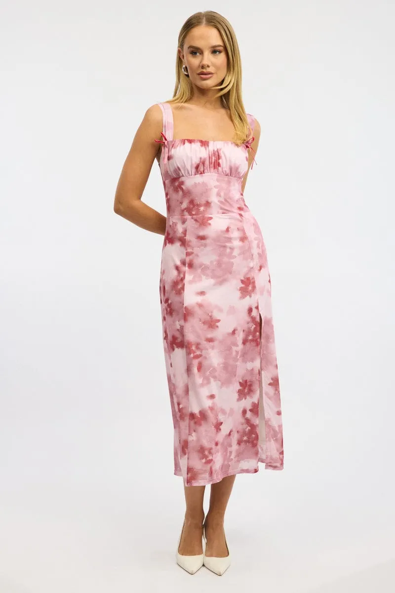 Pink Floral Midi Dress Gathered Bust Mesh sold by Ally Fashion
