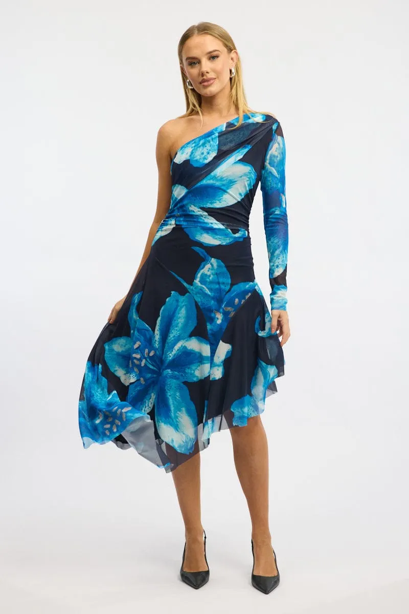 Blue Floral One Shoulder Dress Mesh sold by Ally Fashion