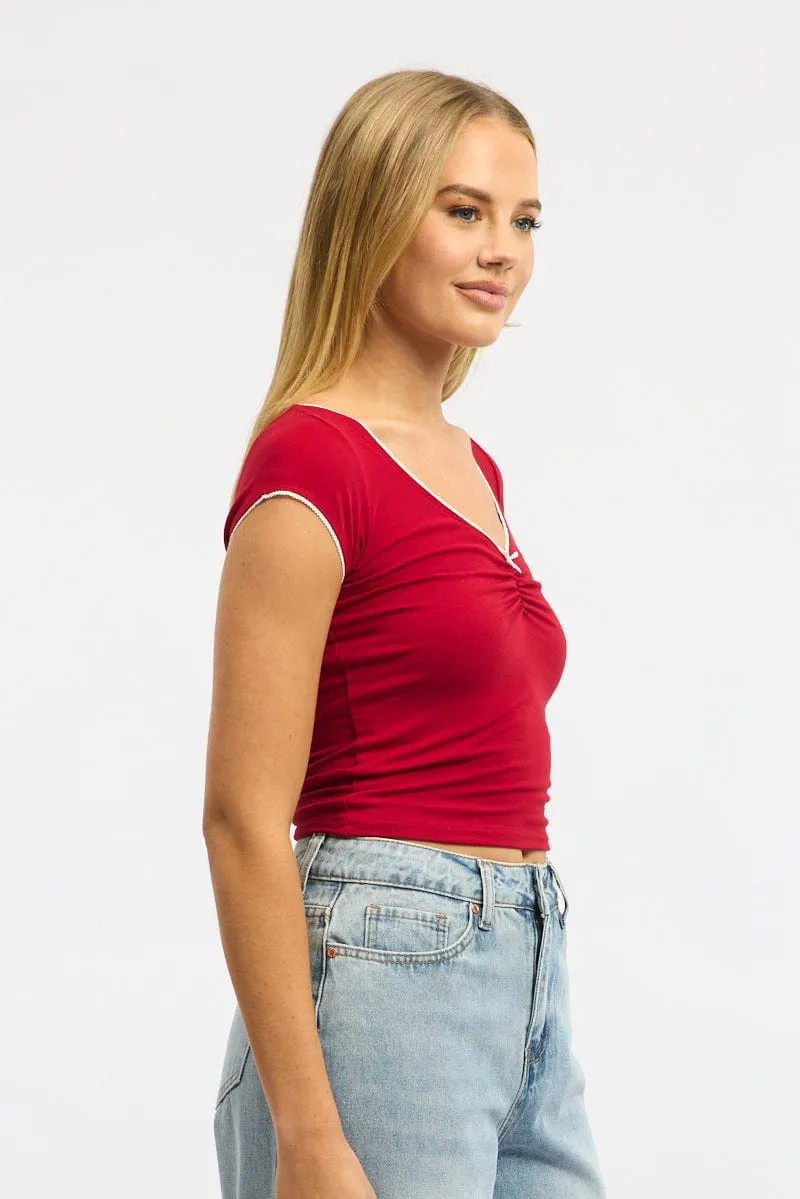 Red T-shirt Short Sleeve V-neck Lace Trim sold by Ally Fashion product image thumbnail 3