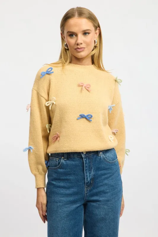 Yellow Knit Top Long Sleeve Bow Trim sold by Ally Fashion